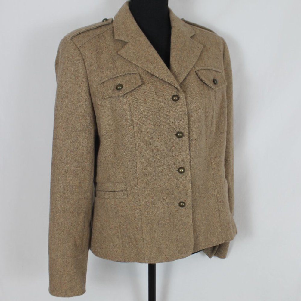 NYGARD COLLECTION MILITARY COAT WOMAN SIZE 12 BROWN TWEED BRONZE BUTTON FRONT